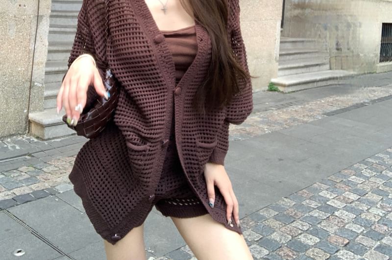 Slim Camisole Top with Pointelle Cardigan and High-Waist Knit Shorts