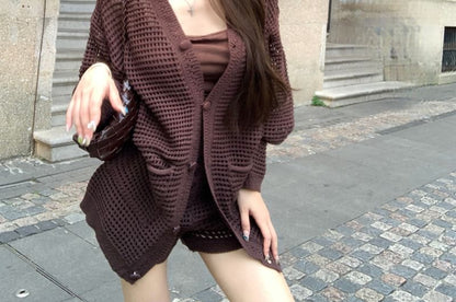 Slim Camisole Top with Pointelle Cardigan and High-Waist Knit Shorts