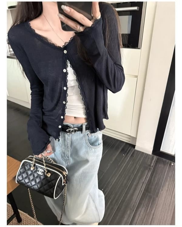 V-Neck Lace Trim Button-Up Cardigan