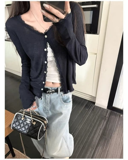 V-Neck Lace Trim Button-Up Cardigan