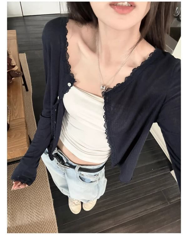 V-Neck Lace Trim Button-Up Cardigan