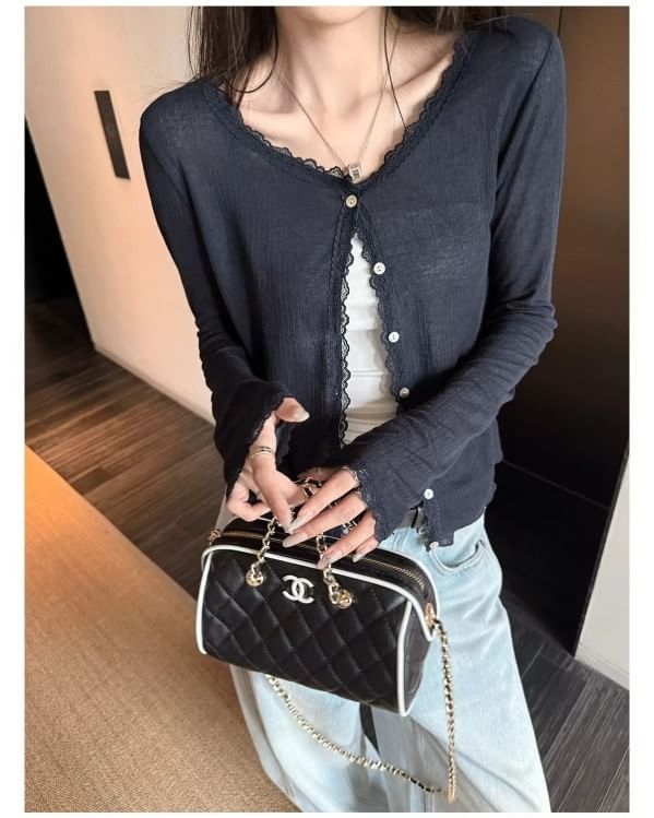 V-Neck Lace Trim Button-Up Cardigan