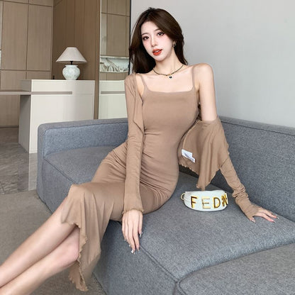 Spaghetti Strap Midi Bodycon Slit Dress & Lettuce Edge Crop Cardigan Set