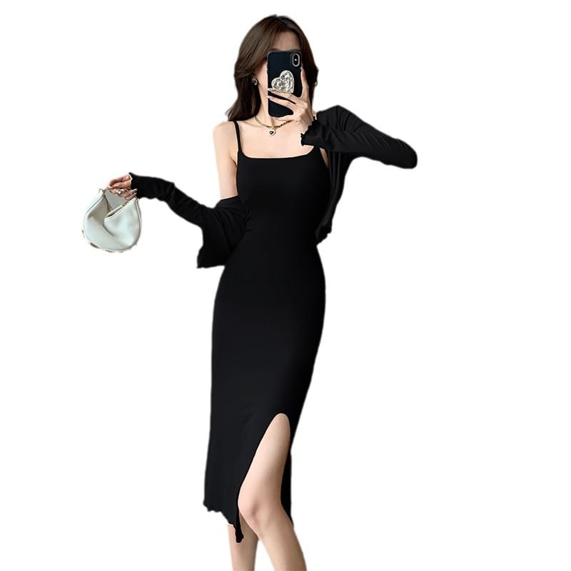 Spaghetti Strap Midi Bodycon Slit Dress & Lettuce Edge Crop Cardigan Set