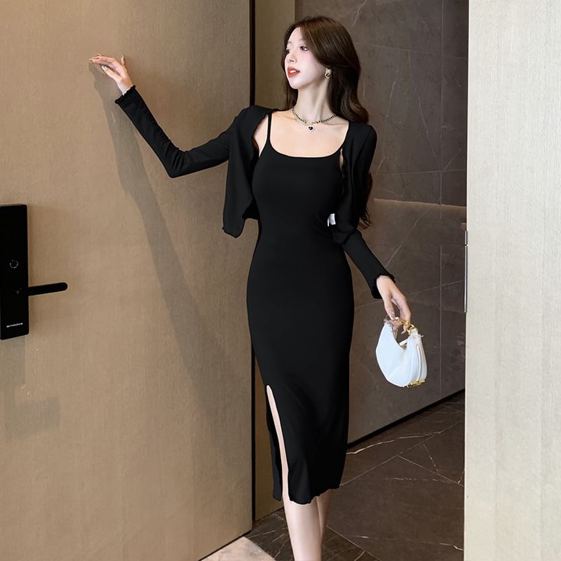 Spaghetti Strap Midi Bodycon Slit Dress & Lettuce Edge Crop Cardigan Set