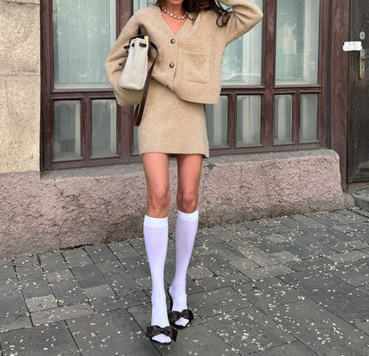 Loose-Fit V-Neck Long Sleeve Cardigan with High-Waisted Knit Mini Skirt