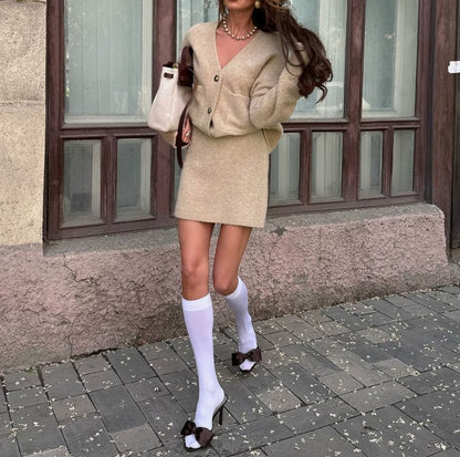 Loose-Fit V-Neck Long Sleeve Cardigan with High-Waisted Knit Mini Skirt