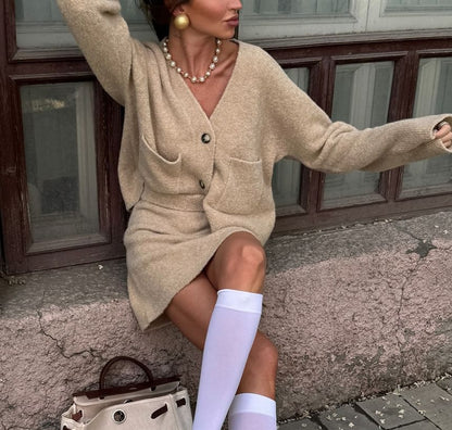 Loose-Fit V-Neck Long Sleeve Cardigan with High-Waisted Knit Mini Skirt