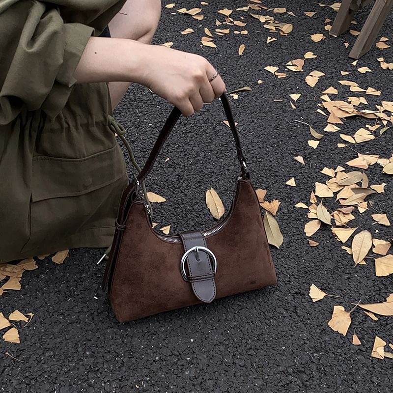 Buckled Faux Suede Shoulder Bag