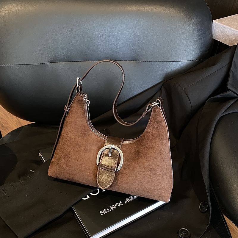 Buckled Faux Suede Shoulder Bag