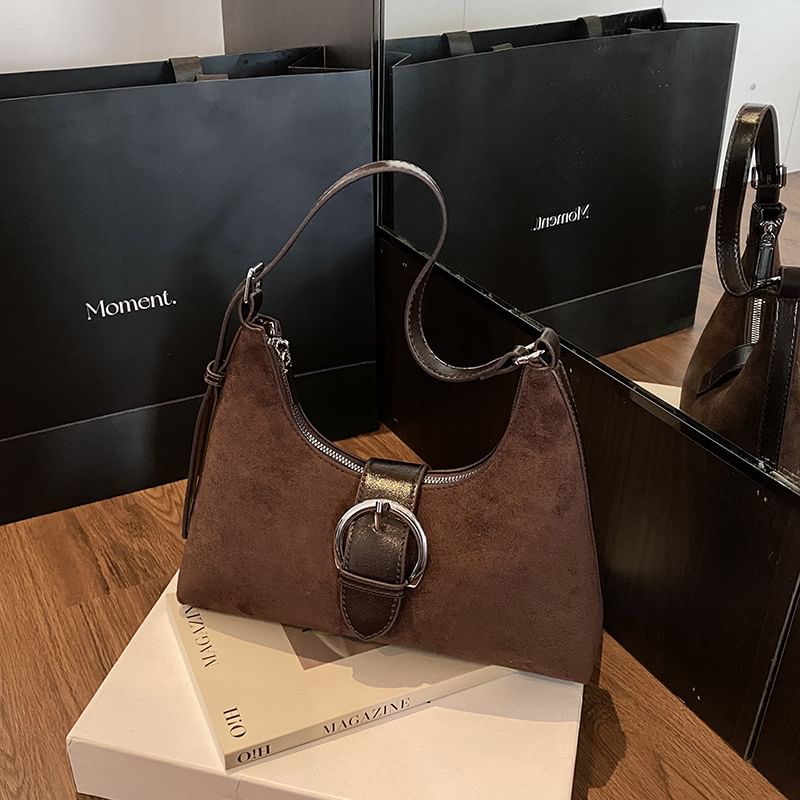 Buckled Faux Suede Shoulder Bag