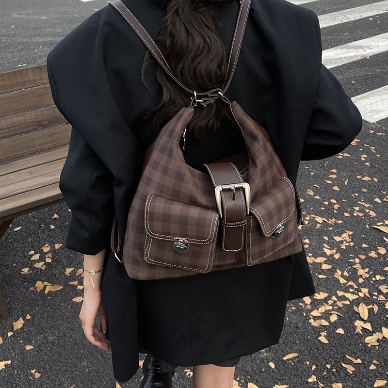 Plaid Buckled Multiway Shoulder Bag