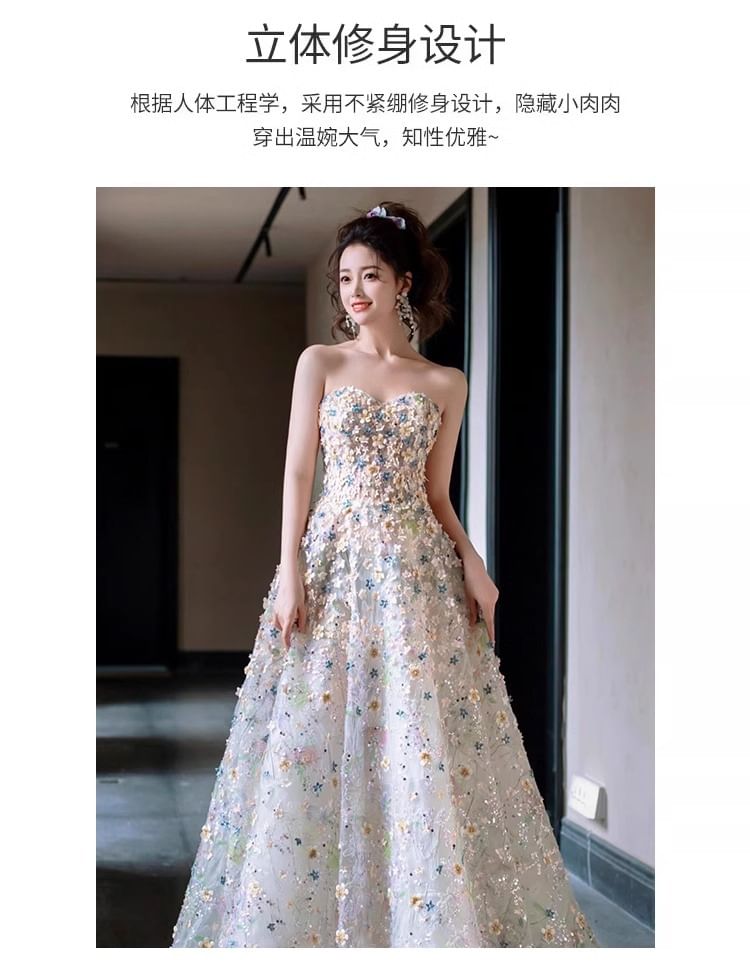 Strapless Floral Mesh A-Line Evening Gown