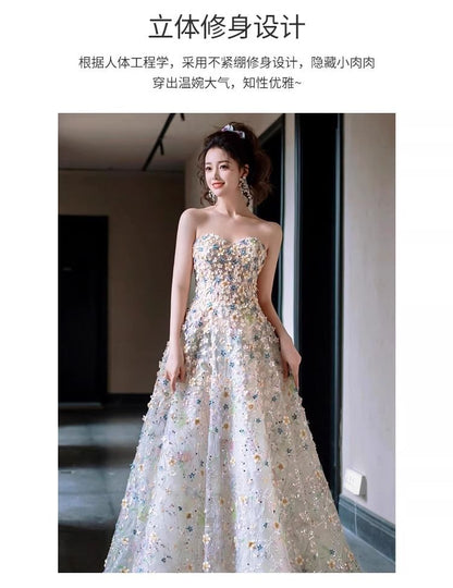 Strapless Floral Mesh A-Line Evening Gown