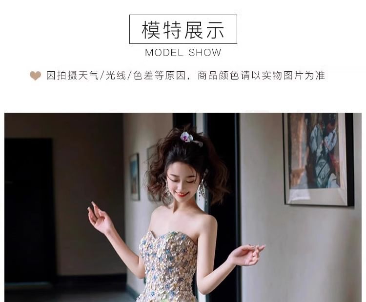 Mesh Evening A-Line Gown Strapless Floral