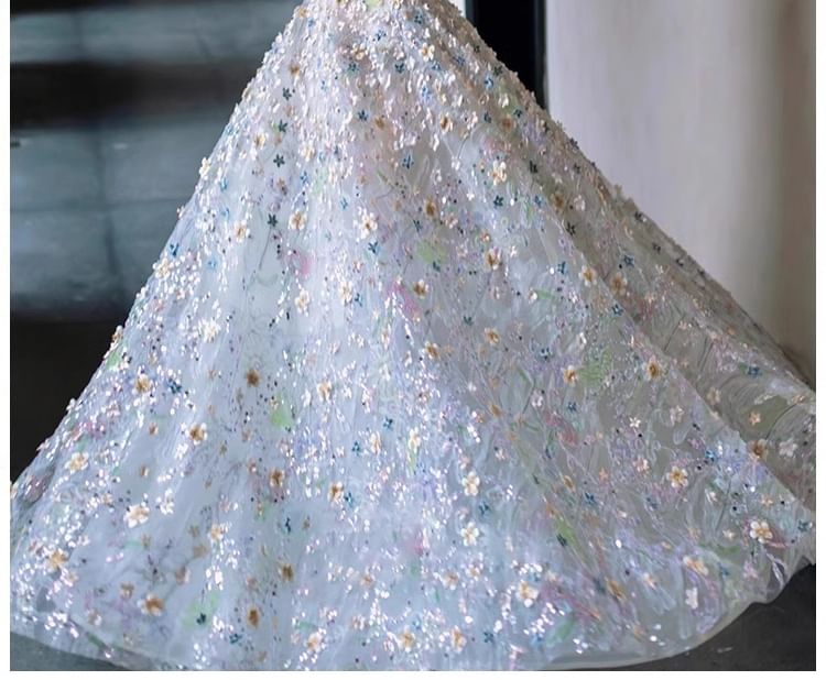 Mesh Evening A-Line Gown Strapless Floral