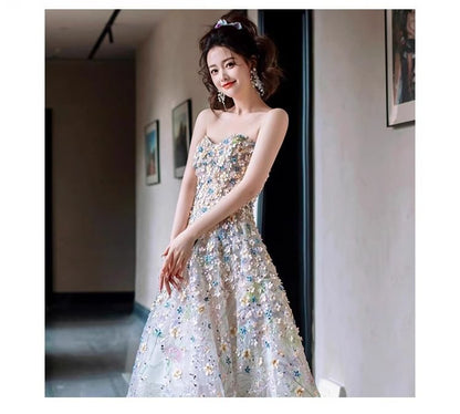 Strapless Floral Mesh A-Line Evening Gown