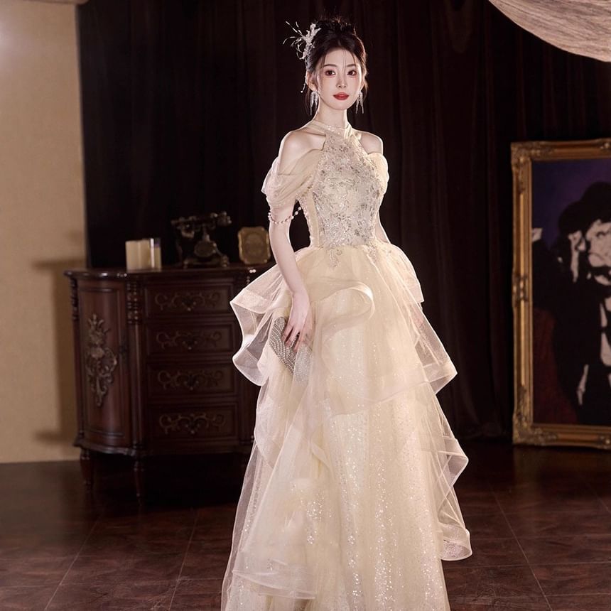 Sequin Evening Off-Shoulder Bead Gown A-Line