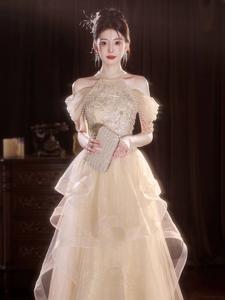 Off-Shoulder Sequin Bead A-Line Evening Gown