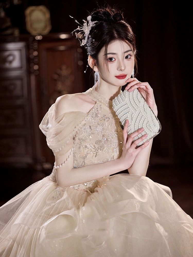 Sequin Evening Off-Shoulder Bead Gown A-Line