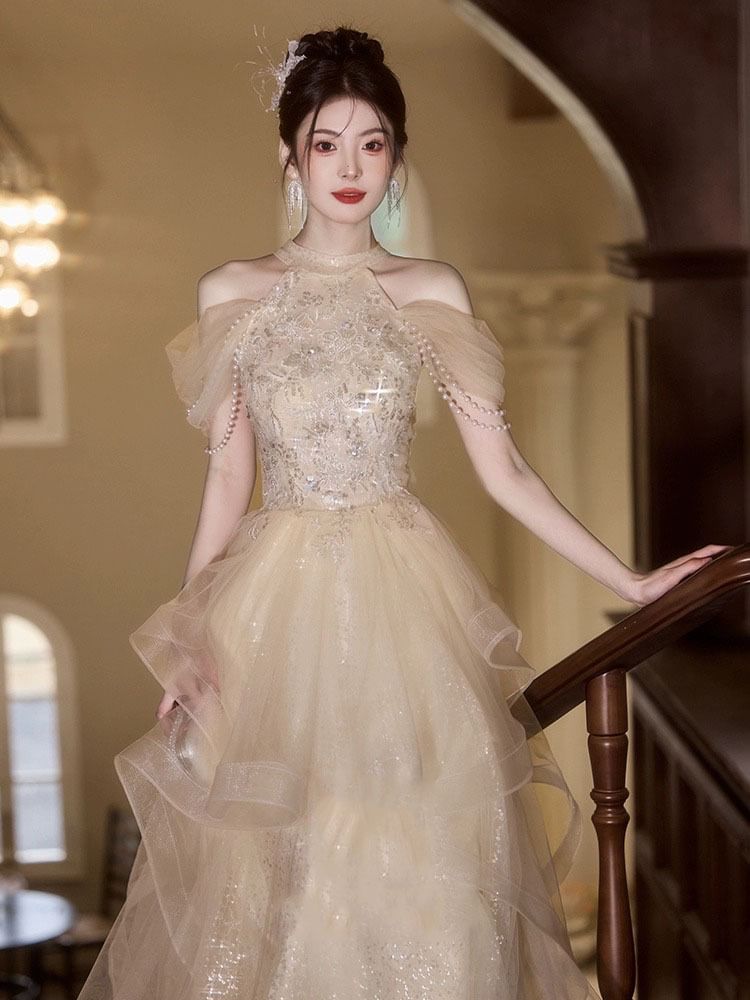 Off-Shoulder Sequin Bead A-Line Evening Gown
