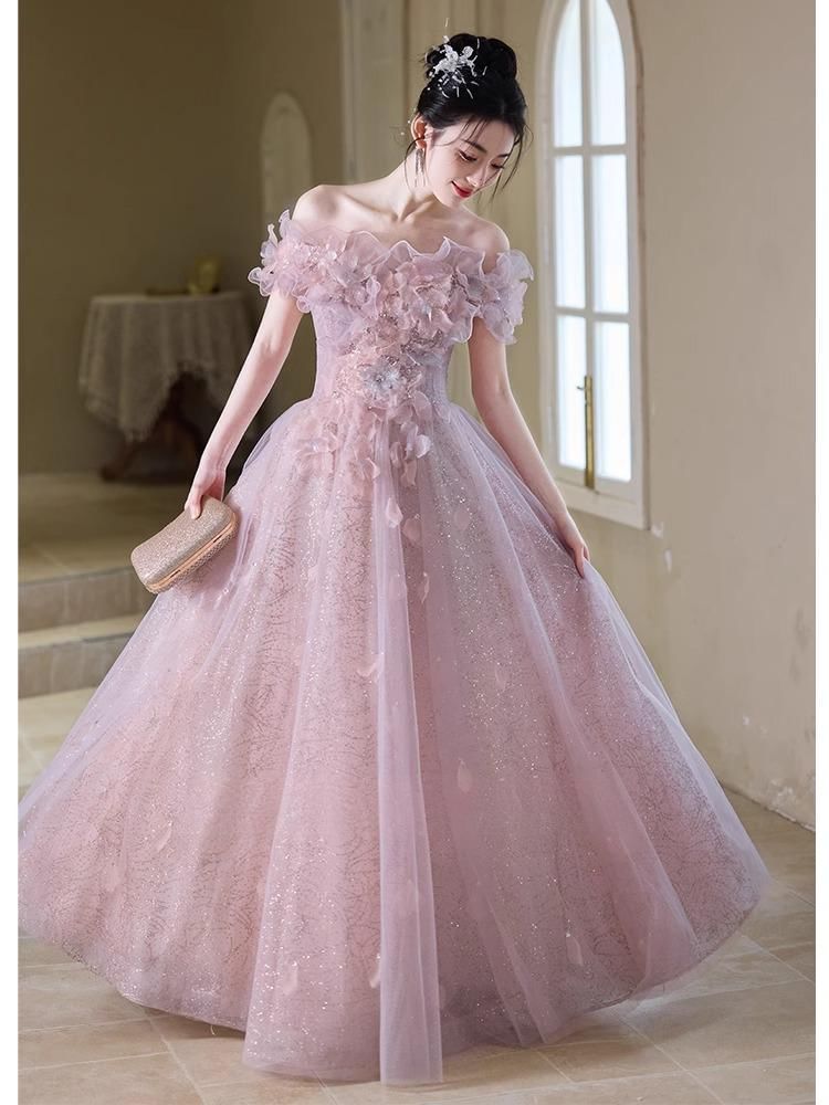 Off-Shoulder Flower Accent Ruffle Trim Glitter Mesh A-Line Evening Gown