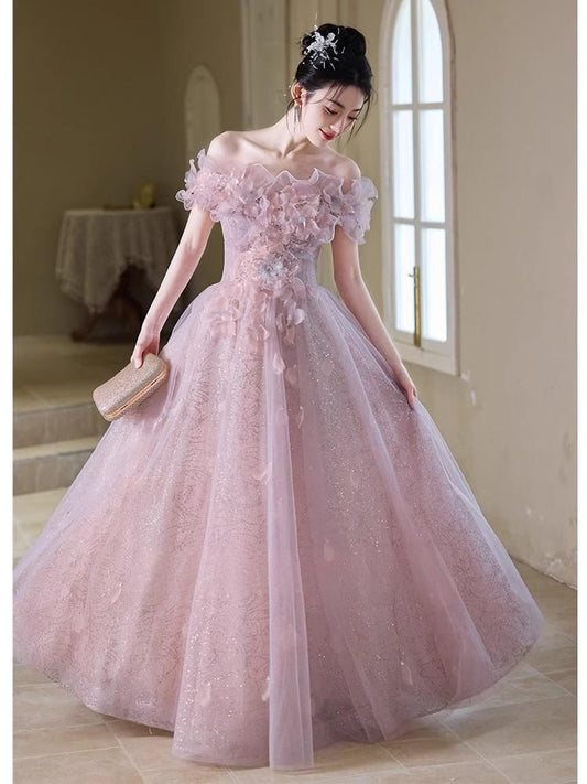 Off-Shoulder Flower Accent Ruffle Trim Glitter Mesh A-Line Evening Gown