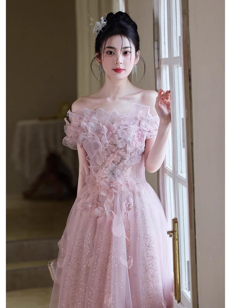 Off-Shoulder Flower Accent Ruffle Trim Glitter Mesh A-Line Evening Gown