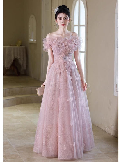Off-Shoulder Flower Accent Ruffle Trim Glitter Mesh A-Line Evening Gown
