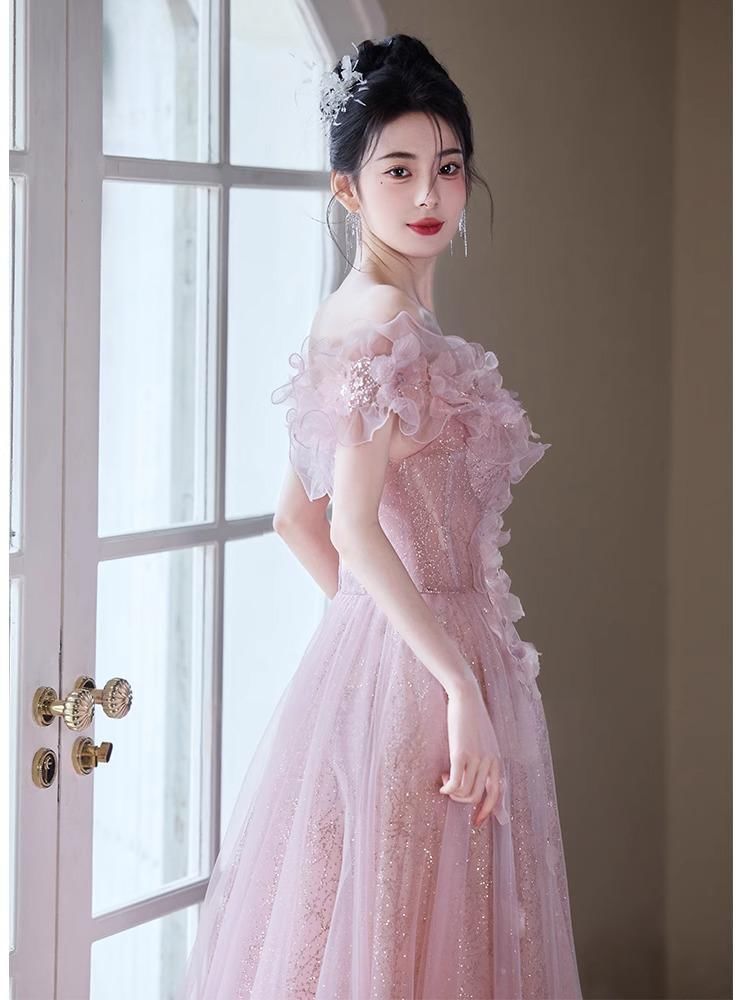 Off-Shoulder Flower Accent Ruffle Trim Glitter Mesh A-Line Evening Gown