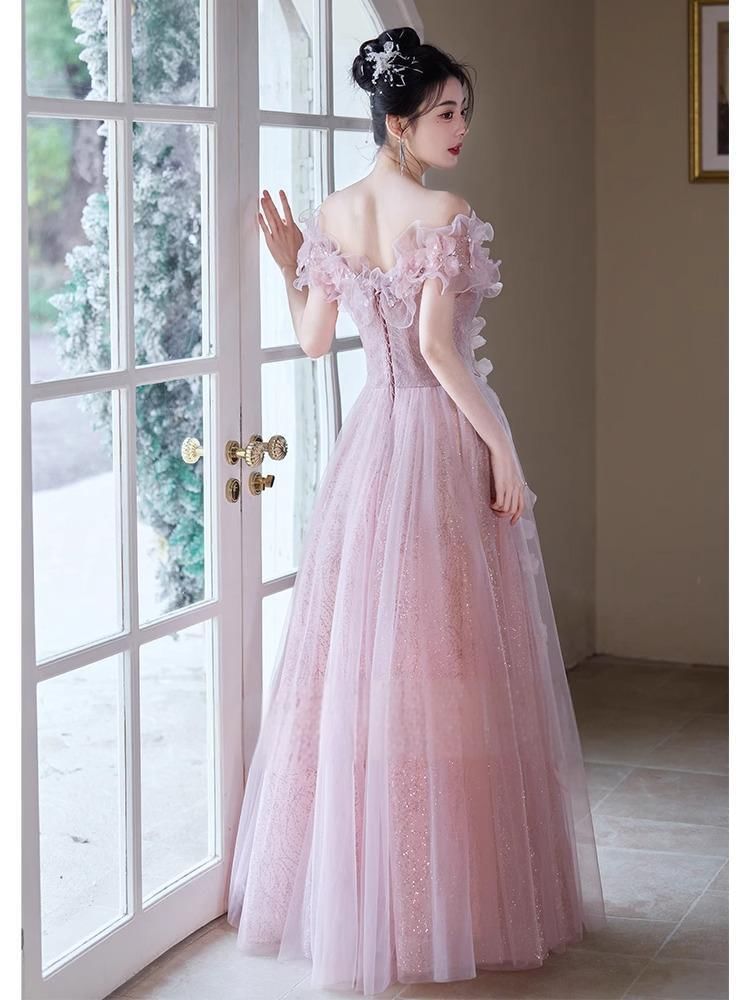Off-Shoulder Flower Accent Ruffle Trim Glitter Mesh A-Line Evening Gown