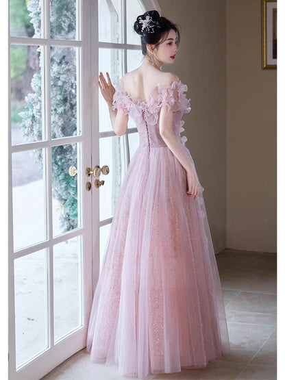 Off-Shoulder Flower Accent Ruffle Trim Glitter Mesh A-Line Evening Gown