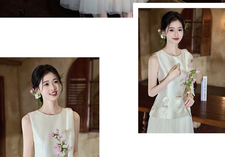 Sleeveless Round Neck Flower Accent Mesh Panel Maxi A-Line Wedding Dress