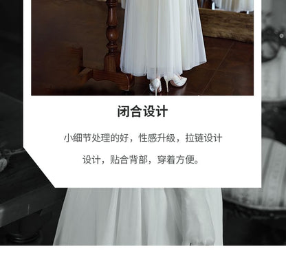 Sleeveless Round Neck Flower Accent Mesh Panel Maxi A-Line Wedding Dress