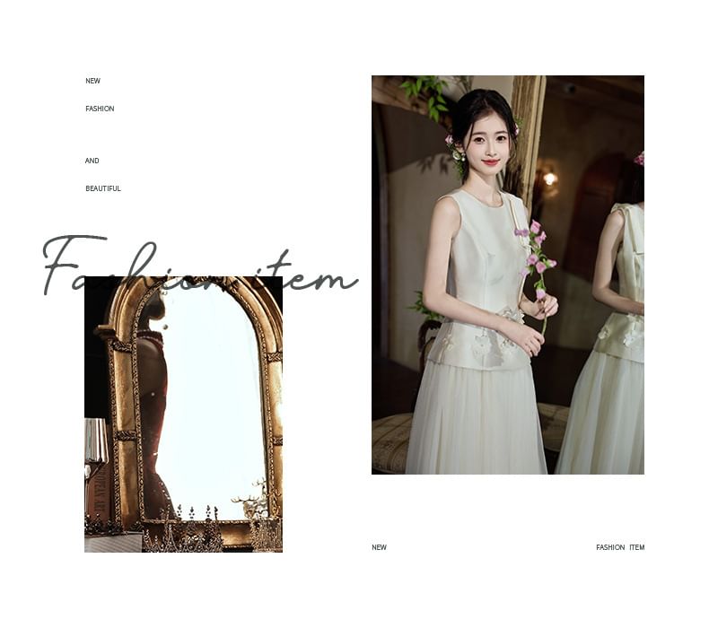 Sleeveless Round Neck Flower Accent Mesh Panel Maxi A-Line Wedding Dress