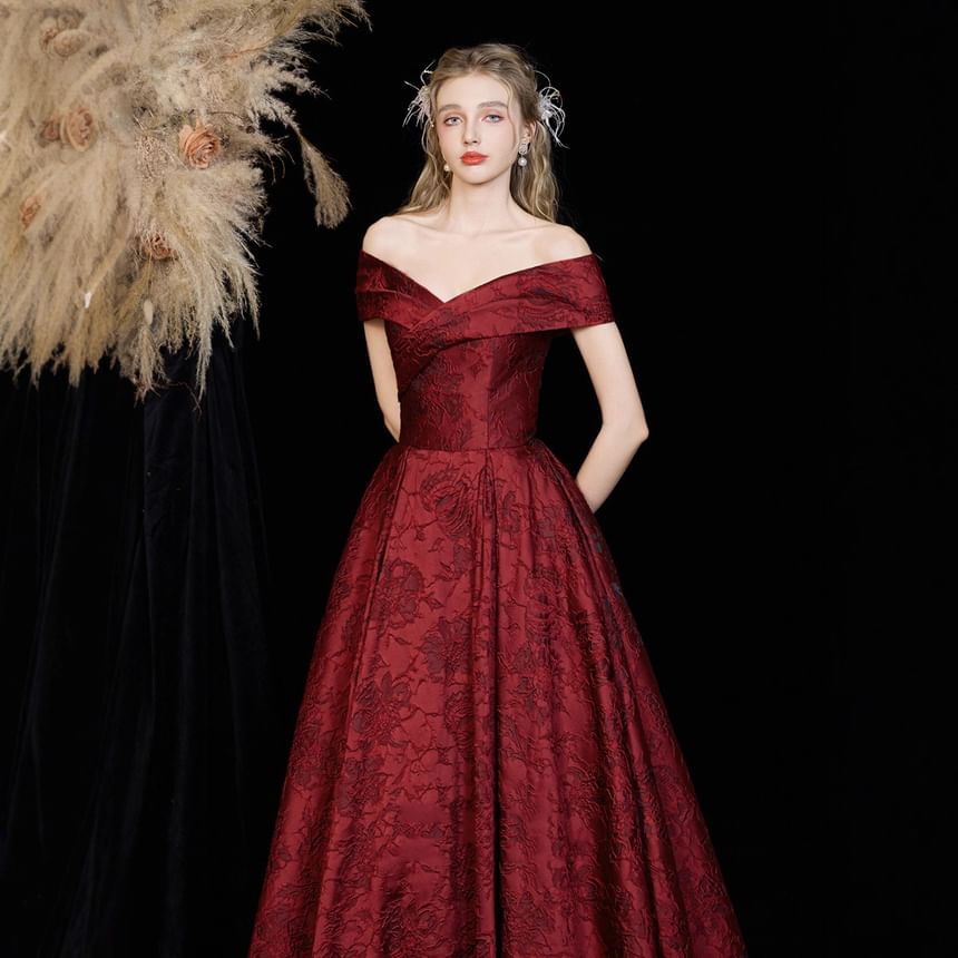 Short-Sleeve Off-Shoulder Floral A-Line Evening Gown
