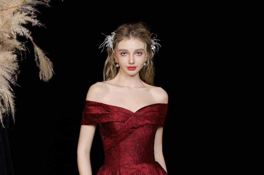 Short-Sleeve Off-Shoulder Floral A-Line Evening Gown