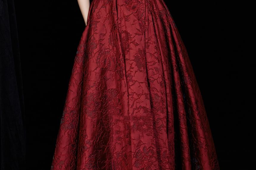 Floral Short-Sleeve A-Line Evening Off-Shoulder Gown