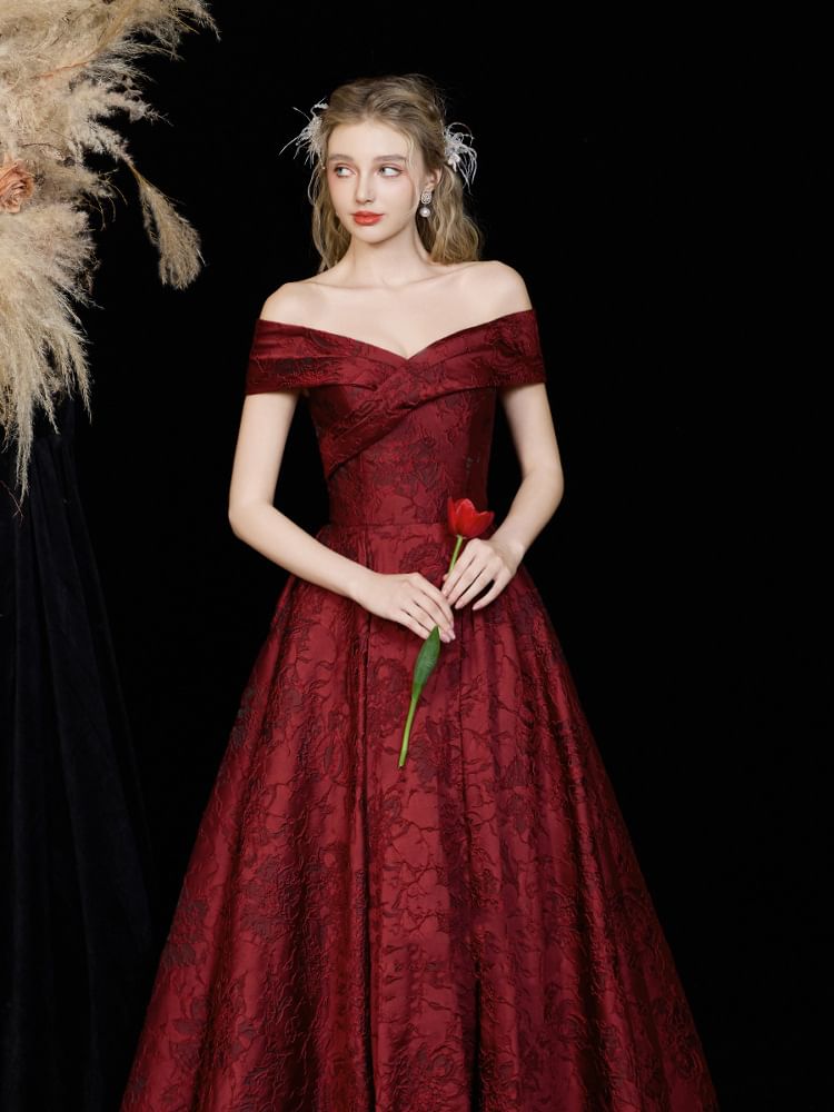 Floral Short-Sleeve A-Line Evening Off-Shoulder Gown