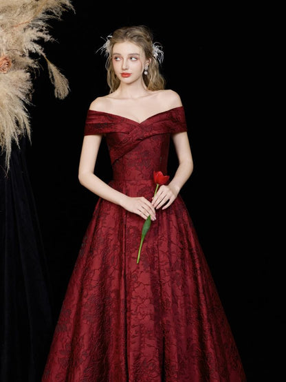 Floral Short-Sleeve A-Line Evening Off-Shoulder Gown