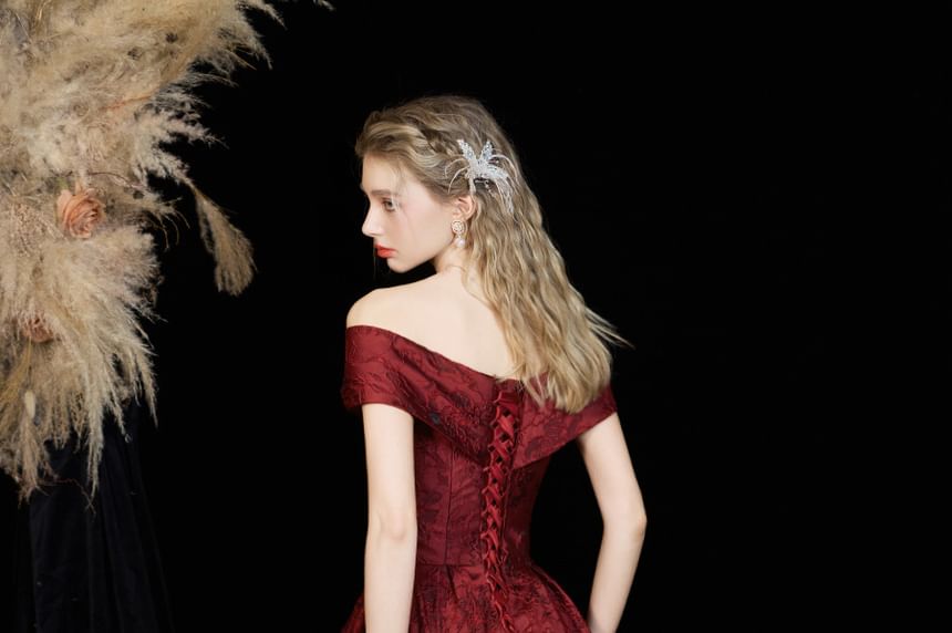 Floral Short-Sleeve A-Line Evening Off-Shoulder Gown