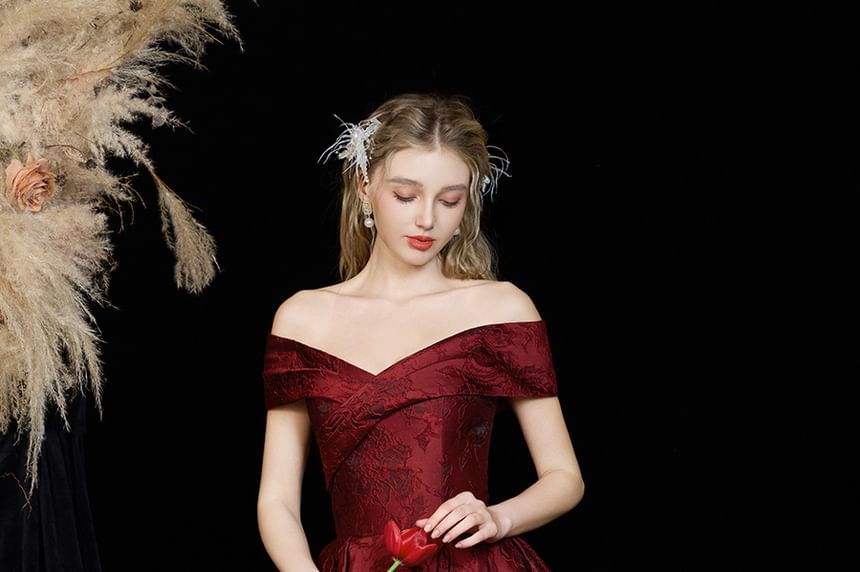 Floral Short-Sleeve A-Line Evening Off-Shoulder Gown