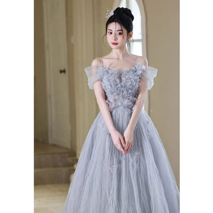 Accent Spaghetti A-Line Mesh Gown Strap Evening Flower