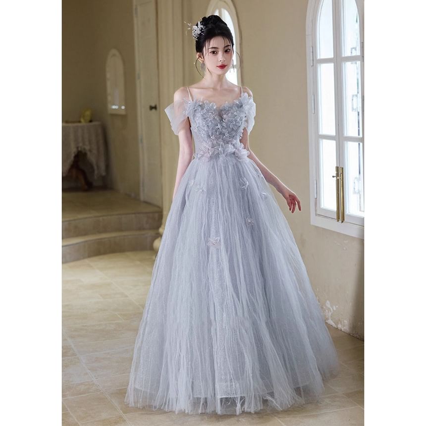 Accent Spaghetti A-Line Mesh Gown Strap Evening Flower