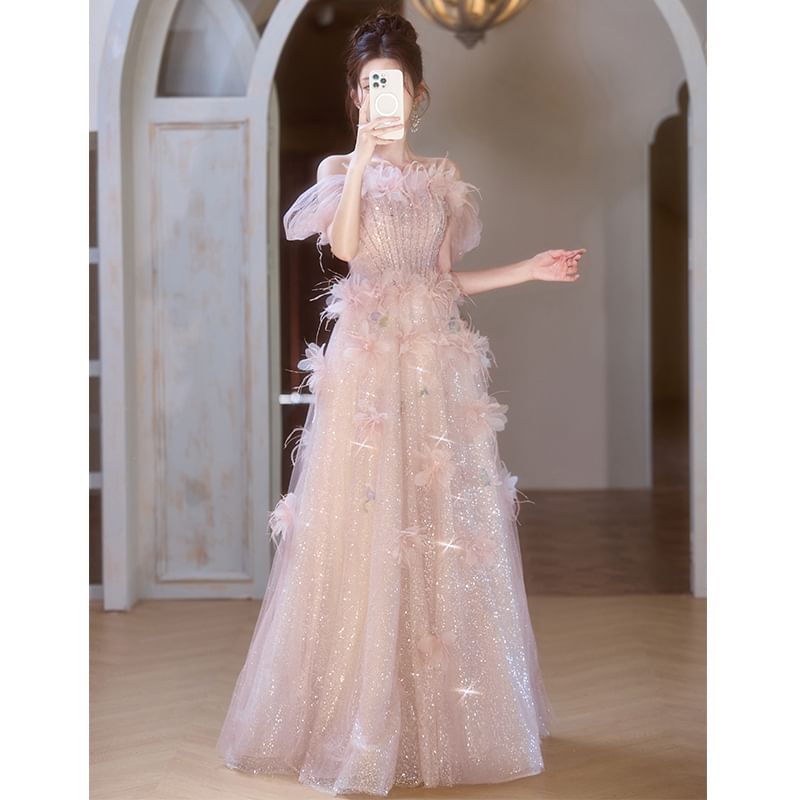 Off-Shoulder Flower Accent Glitter Mesh A-Line Evening Gown