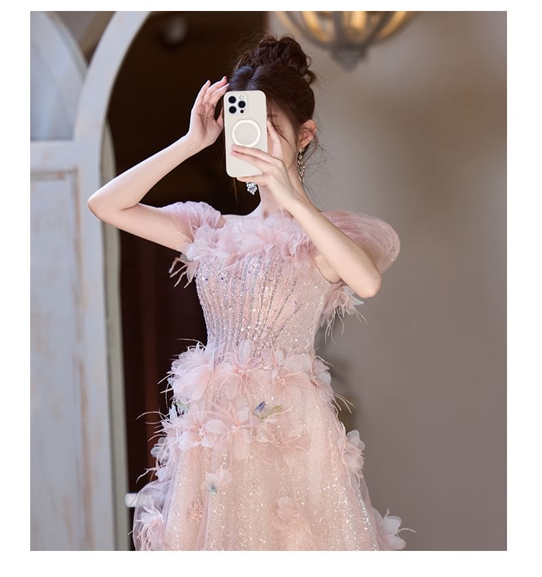 Off-Shoulder Flower Accent Glitter Mesh A-Line Evening Gown