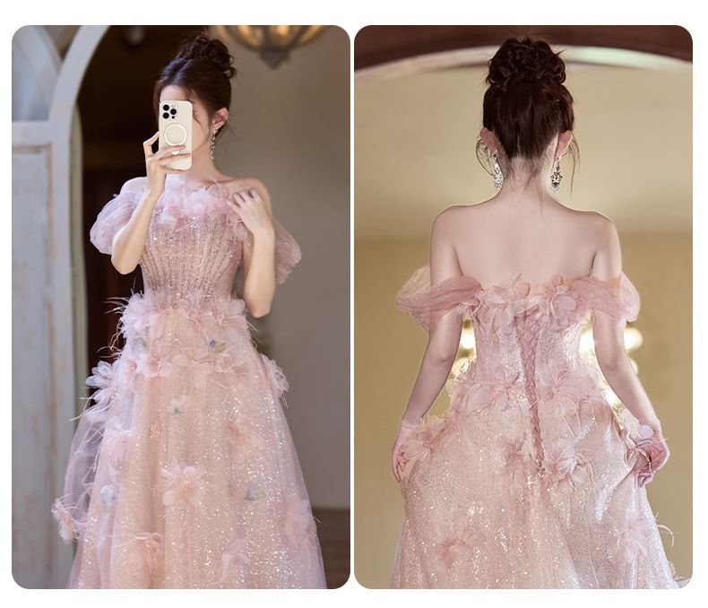 Off-Shoulder Flower Accent Glitter Mesh A-Line Evening Gown