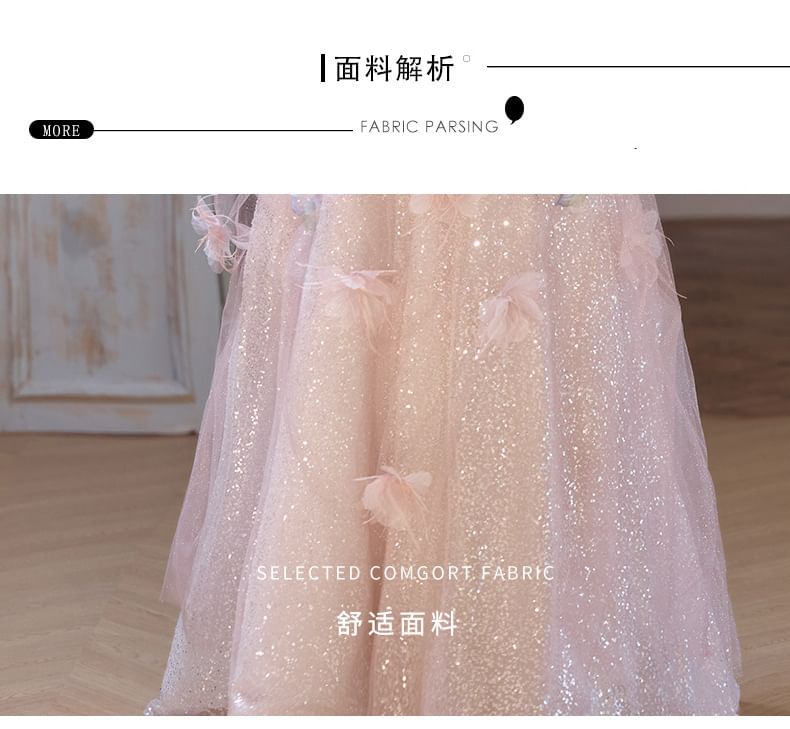 Off-Shoulder Flower Accent Glitter Mesh A-Line Evening Gown