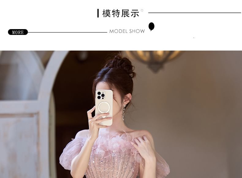 Mesh Off-Shoulder Glitter Gown A-Line Flower Evening Accent