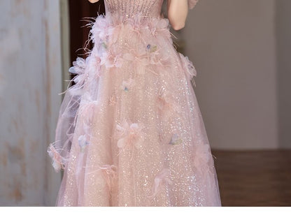 Off-Shoulder Flower Accent Glitter Mesh A-Line Evening Gown